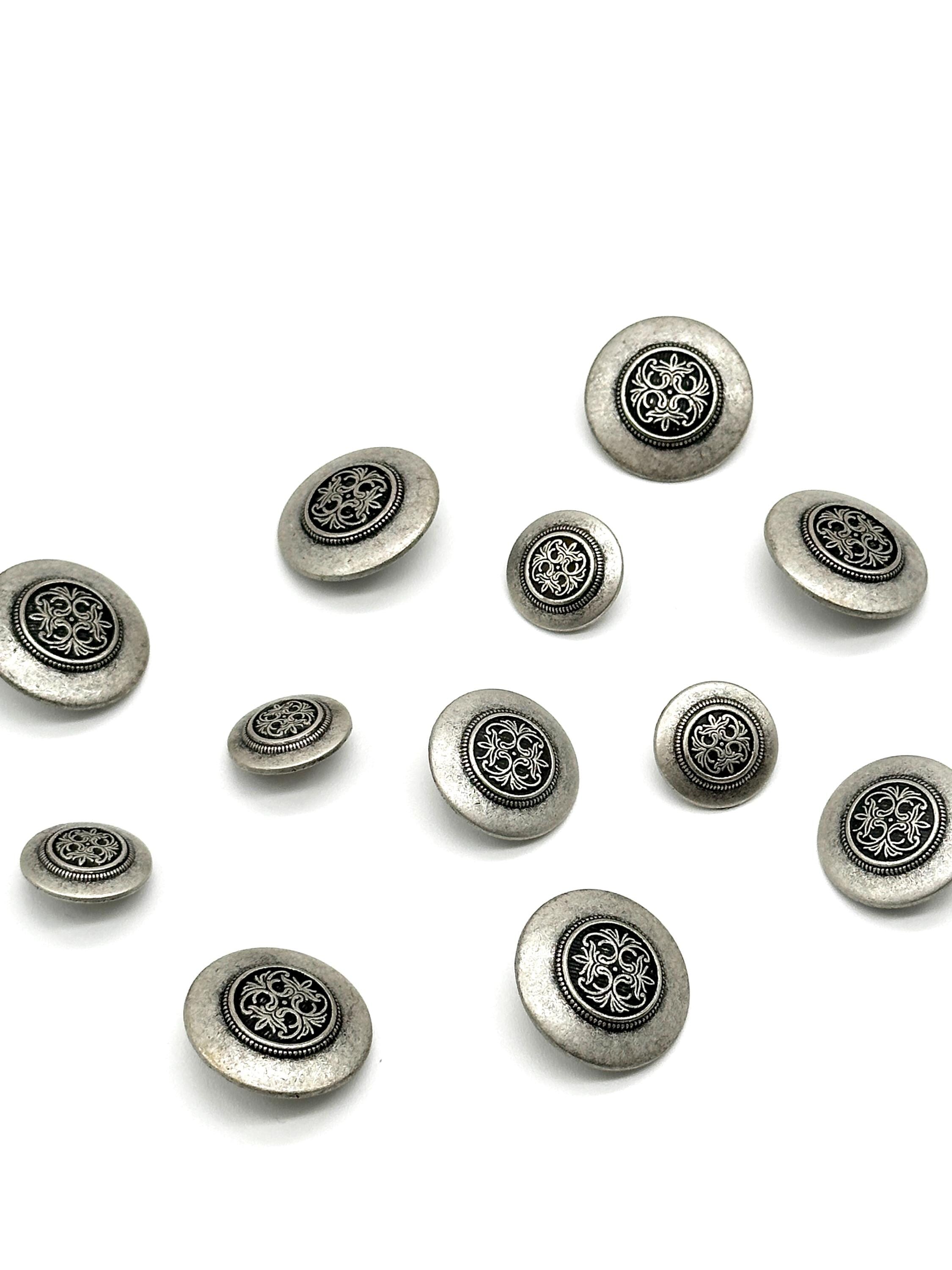 Silver Buttons 12 Vintage Solid Metal Antique Silver Shank Buttons, Renaissance Desig ...