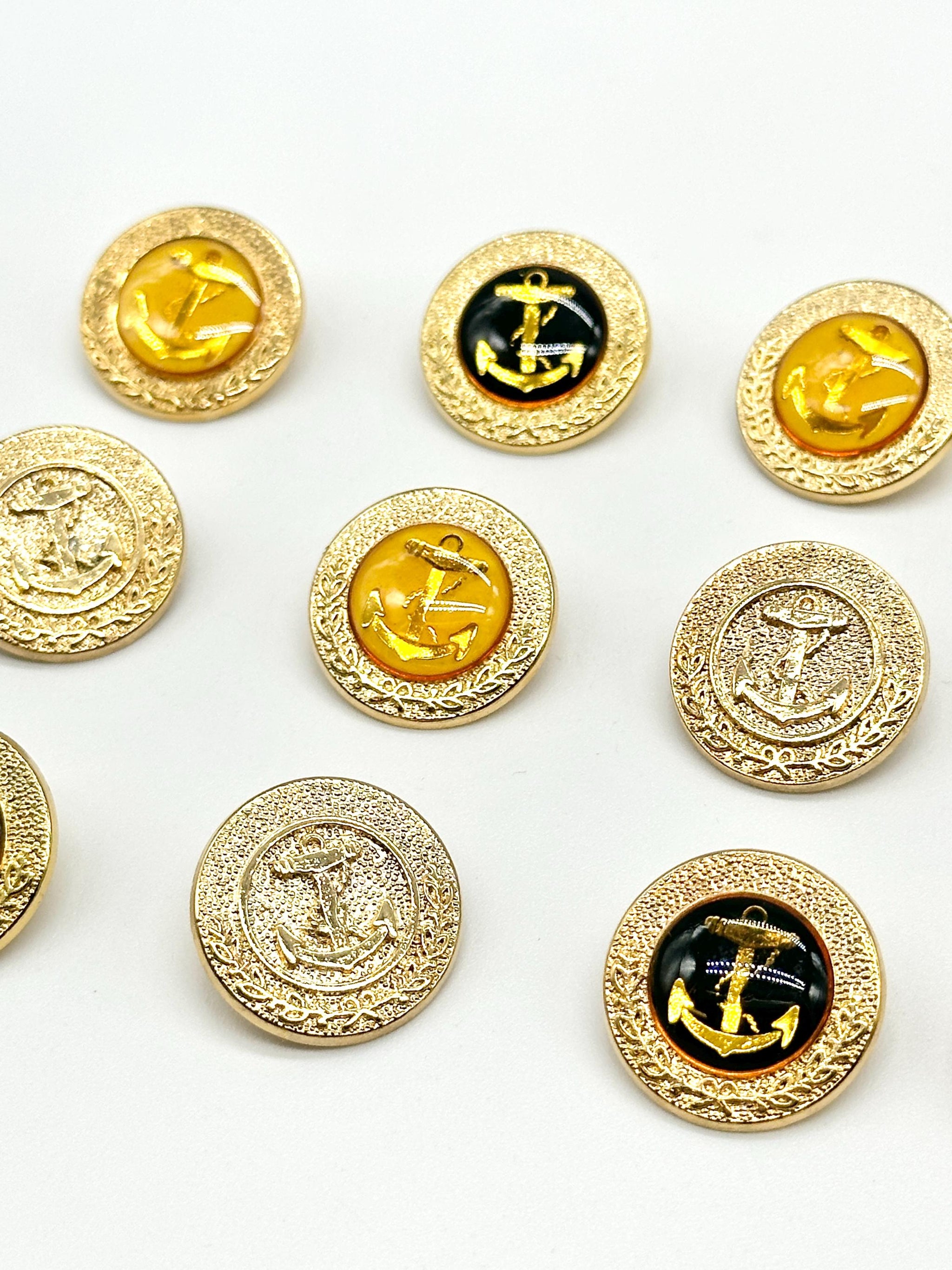 12 Pcs Vintage Anchor Shank Buttons - Heavy Metal Base, 3 Finishes