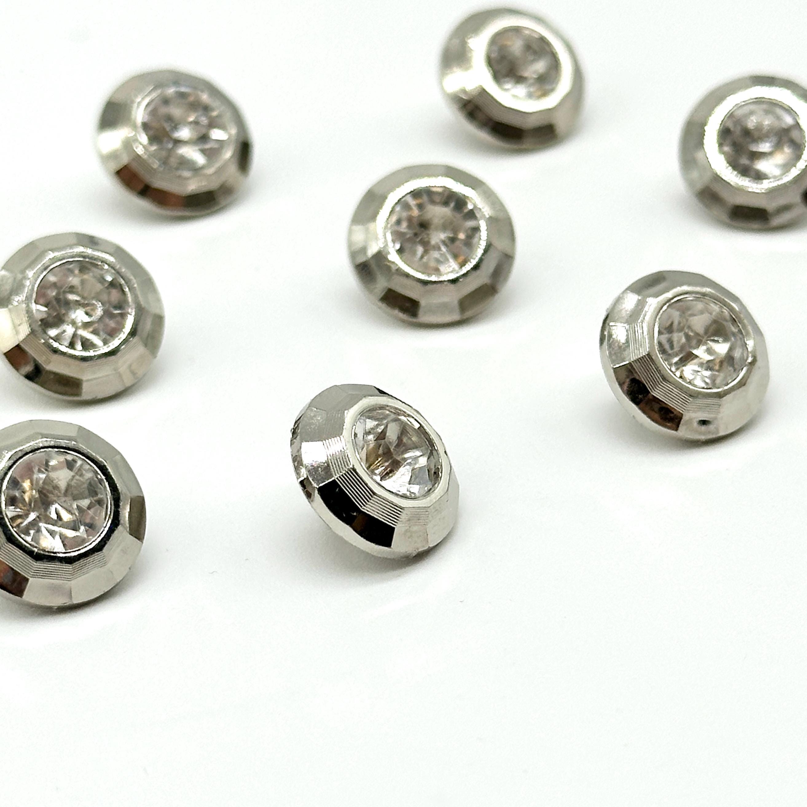 12 Pcs Vintage Jet Cut Stone Shank Buttons - Silver Base, Clear Acryli ...